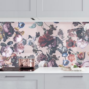 Kitchen wall cladding - Old Masters Flowers With Tulips And Roses On Pink