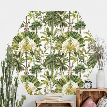 Self-adhesive hexagonal pattern wallpaper - Watercolour Banana Tree And Leopard Pattern