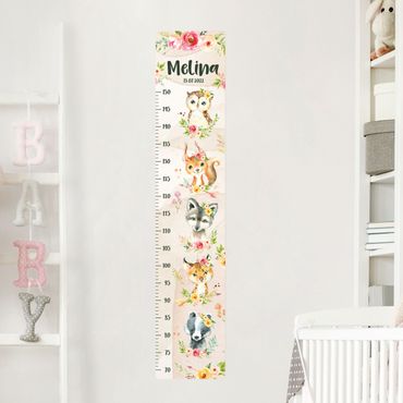 Wall sticker height chart for kids - Watercolour flowers forest animals with custom name
