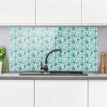 Splashback - Watercolour Hummingbird And Plant Silhouettes Pattern In Turquoise - Landscape format 2:1