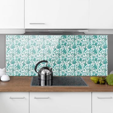 Splashback - Watercolour Hummingbird And Plant Silhouettes Pattern In Turquoise - Panorama 5:2