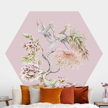Self-adhesive hexagonal pattern wallpaper - Watercolour Storks In Flight With Flowers On Pink