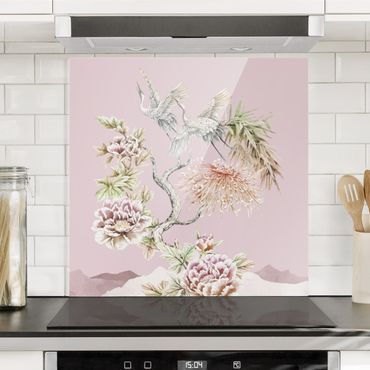 Splashback - Watercolour Storks In Flight With Flowers On Pink - Square 1:1