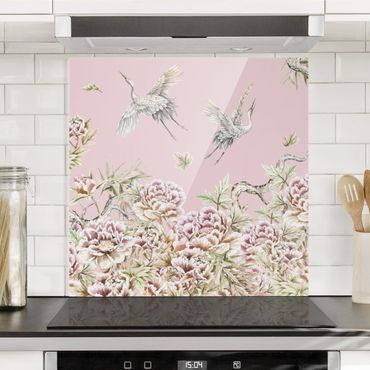 Splashback - Watercolour Storks In Flight With Roses On Pink - Square 1:1