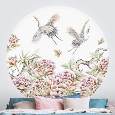 Self-adhesive round wallpaper - Watercolour Storks In Flight With Roses