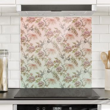 Splashback - Watercolour Birds With Large Flowers In Ombre - Square 1:1