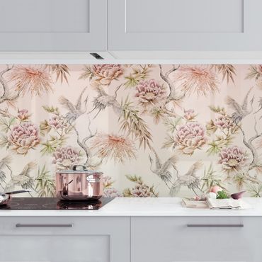 Kitchen wall cladding - Watercolour Birds With Large Flowers In Ombre
