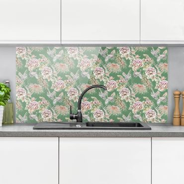 Splashback - Watercolour Birds With Large Flowers In Front Of Green - Landscape format 2:1