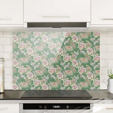 Splashback - Watercolour Birds With Large Flowers In Front Of Green - Landscape format 3:2