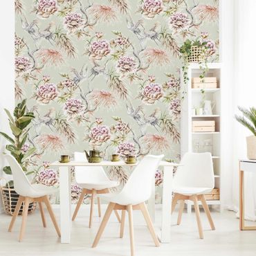Wallpaper - Watercolour Birds With Large Flowers In Front Of Mint
