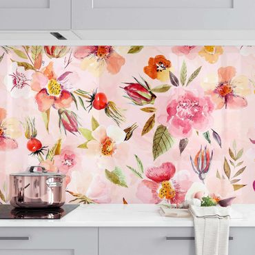 Kitchen wall cladding - Watercolour Flowers On Light Pink