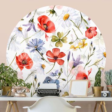 Self-adhesive round wallpaper - Watercolour Poppy With Cloverleaf