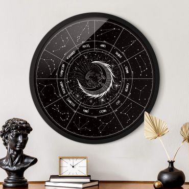 Circular framed print - Astrology Moon And Zodiac Signs Black