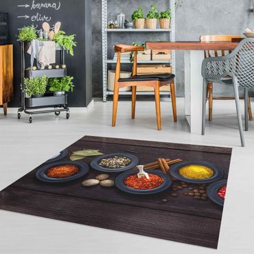 Vinyl Floor Mat - Black Bowls with Spices - Square Format 1:1