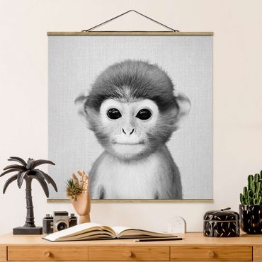 Fabric print with poster hangers - Baby Monkey Anton Black And White - Square 1:1