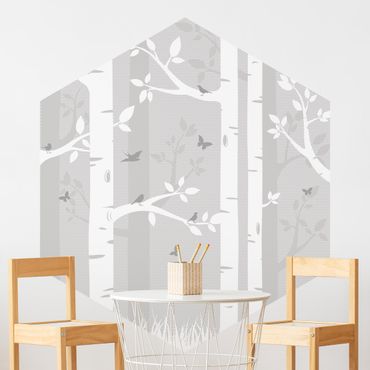 Self-adhesive hexagonal pattern wallpaper - Birch Forest With Butterflies And Birds