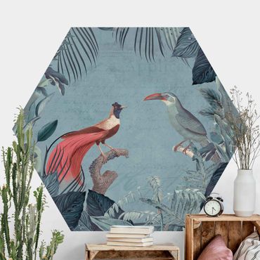 Self-adhesive hexagonal pattern wallpaper - Blue Gray Paradise With Tropical Birds