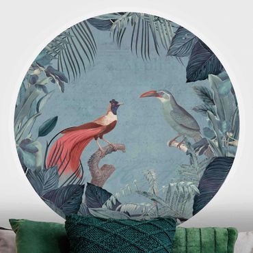 Self-adhesive round wallpaper - Blue Grey Paradise With Tropical Birds
