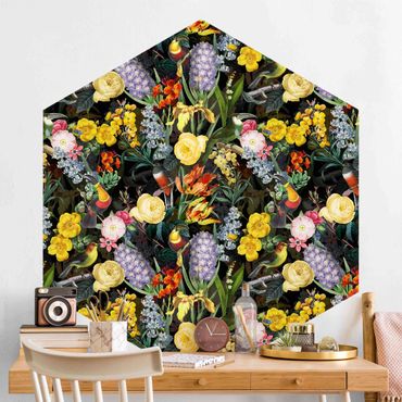 Self-adhesive hexagonal pattern wallpaper - Flowers With Colourful Tropical Birds