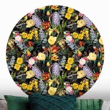Self-adhesive round wallpaper - Flowers With Colourful Tropical Birds