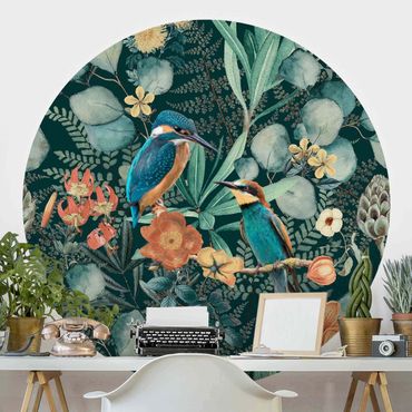 Self-adhesive round wallpaper - Floral Paradise Kingfisher And Hummingbird