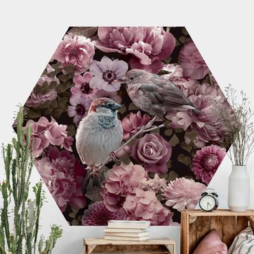 Self-adhesive hexagonal pattern wallpaper - Floral Paradise Sparrow In Antique Pink