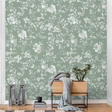 Wallpaper - Flower Tendrils On Green