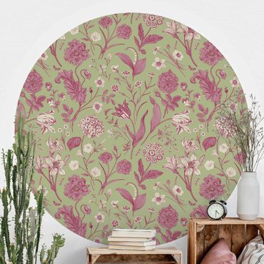 Self-adhesive round wallpaper - Flower Dance In Mint Green And Pink Pastel