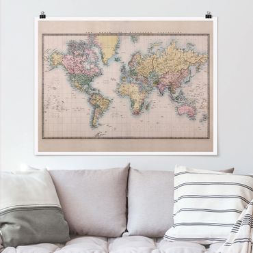 Poster - Vintage World Map Around 1850
