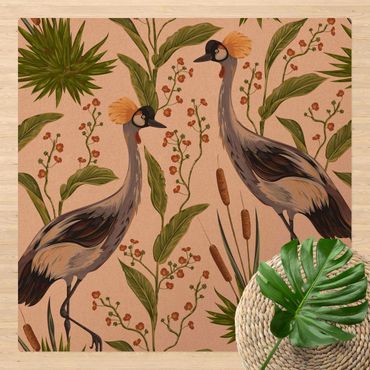 Cork mat - Chinoiserie Crowned Crane Between Bulrushes - Square 1:1
