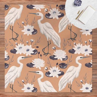 Cork mat - Chinoiserie Great White Igret Between Water Lilies - Square 1:1