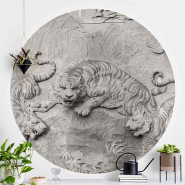 Self-adhesive round wallpaper - Chinoiserie Tiger In Stone Look