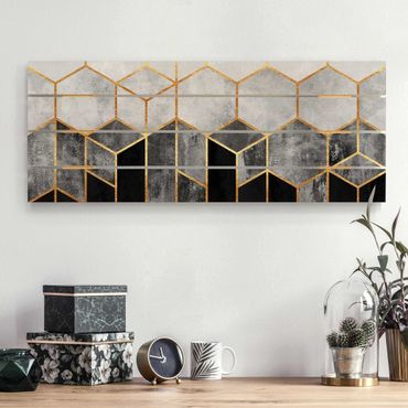 Print on wood - Golden Hexagons Black And White