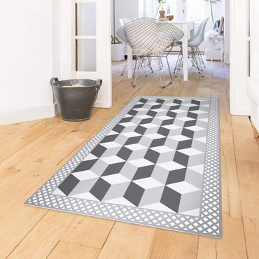 Vinyl Floor Mat - Geometrical Tiles Illusion Of Stairs In Grey With Border - Portrait Format 1:2