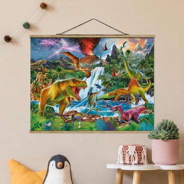 Fabric print with poster hangers - Dinosaurs In A Prehistoric Storm - Landscape format 4:3