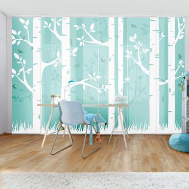 Sliding panel curtains set - Green Birch Forest With Butterflies And Birds