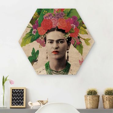 Wooden hexagon - Frida Kahlo - Flower Portrait