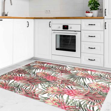 Vinyl Floor Mat - Red Pineapple With Palm Leaves Tropical - Portrait Format 3:4