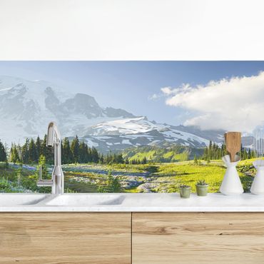 Kitchen wall cladding - Mountain Meadow With Blue Flowers in Front of Mt. Rainier