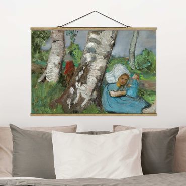 Fabric print with poster hangers - Paula Modersohn-Becker - Child with Doll Sitting on a Birch Trunk