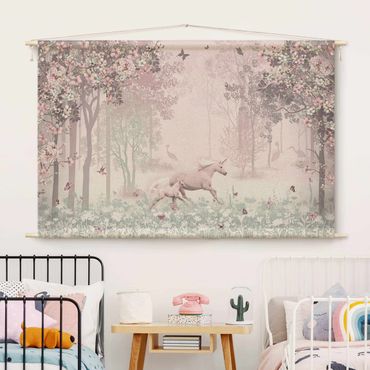 Tapestry - Unicorn On Flowering Meadow In Pink