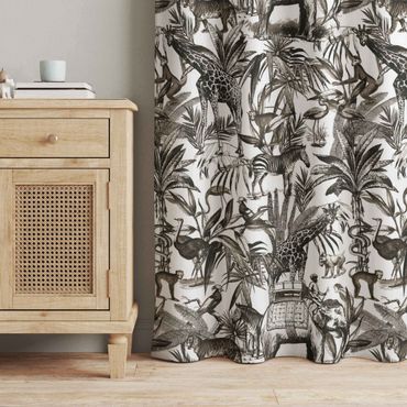 Curtain - Elephants Giraffes Zebras And Tiger Black And White With Brown Tone