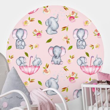 Self-adhesive round wallpaper kids - Elephant With Flowers In Front Of Pink