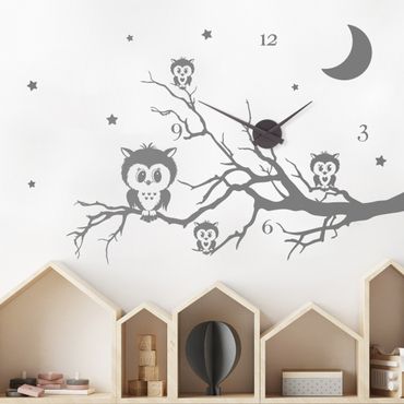 Wall sticker clock - Owls on branch with clock