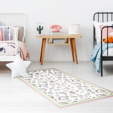 Vinyl Floor Mat - Unicorns And Sweets In Pastel With Frame - Portrait Format 1:2