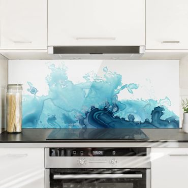 Glass Splashback - Wave Watercolor Blue I - Panoramic