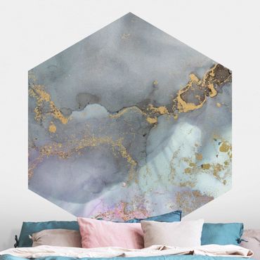 Self-adhesive hexagonal pattern wallpaper - Colour Experiments Marble Rainbow Colours  And Gold