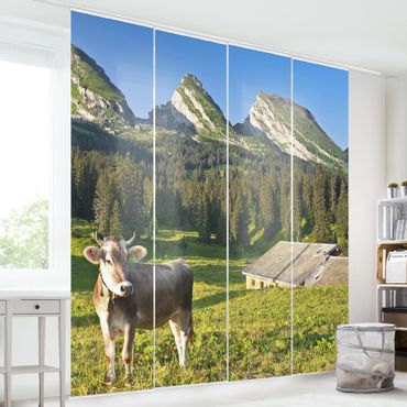 Sliding panel curtains set - Swiss Alpine Meadow With Cow