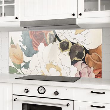 Glass Splashback - Drawing Bouquet Of Flowers In Red And Sepia - Panoramic
