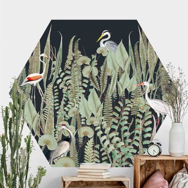 Self-adhesive hexagonal pattern wallpaper - Flamingo And Stork With Plants On Green